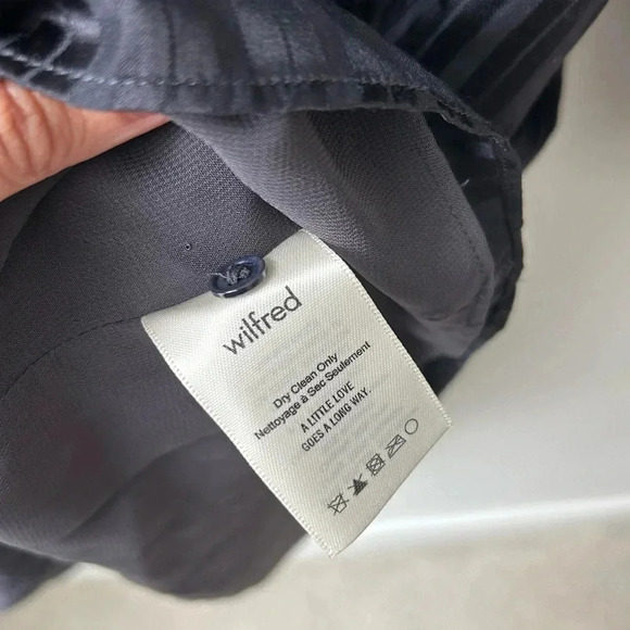 Aritzia Wilfred Silk Striped Mini Dress Navy Blue Tie Waist Long Sleeve Size L - Picture 8 of 15